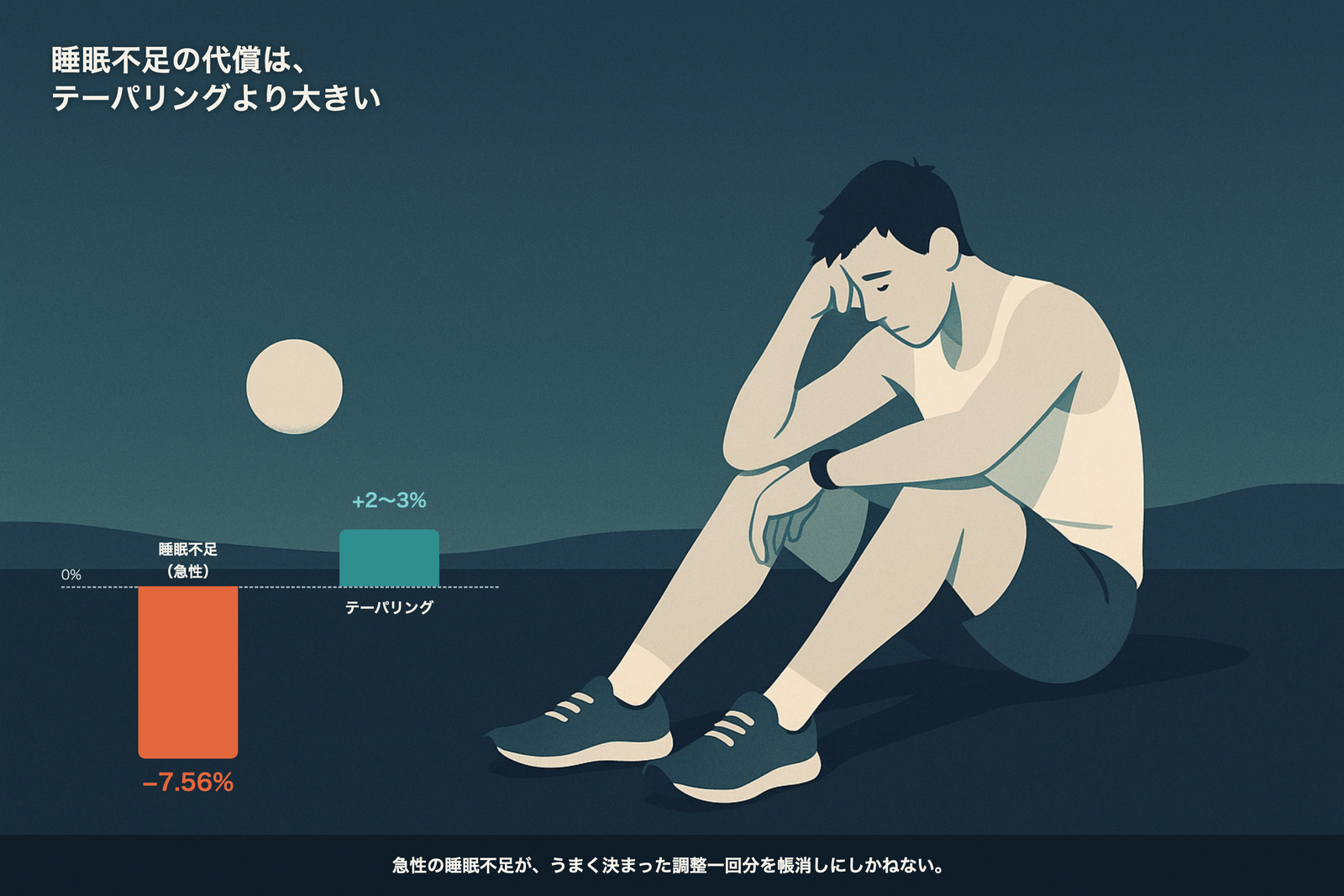 急性の睡眠不足による−7.56%は、うまく決まったテーパリングの数%の上積みを帳消しにする（比較図）