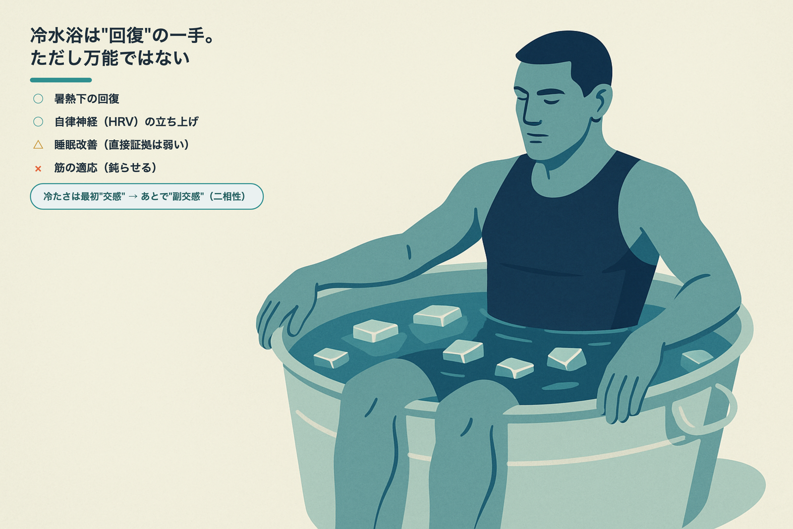 冷水浴の効きどころ。暑熱下の回復と自律神経の立ち上げに有効、睡眠改善の証拠は弱く、筋の適応は鈍らせる（整理図）