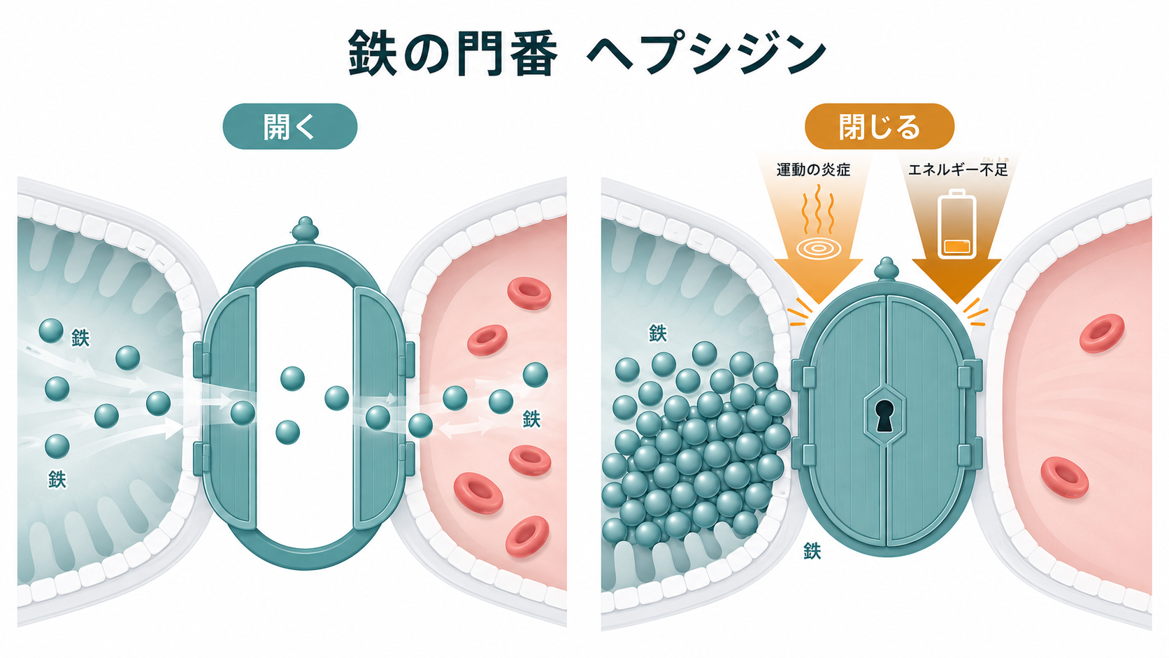 鉄の門番ヘプシジン。ゲートが開くと腸から鉄が吸収され（左）、運動の炎症とエネルギー不足の2つが門を閉じて吸収をしぼる（右）