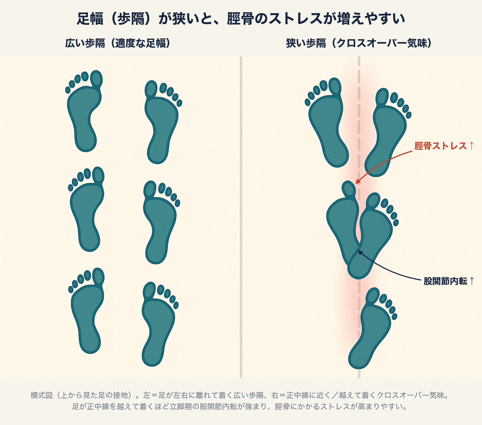 足幅(歩隔)が狭いと股関節が内転し、脛骨のストレスが増えやすい（足跡の模式図）