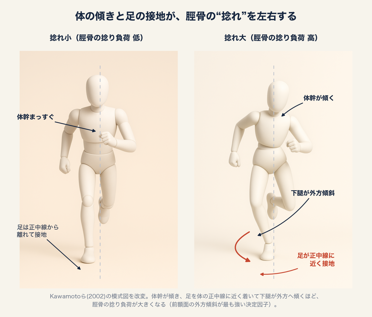 体幹の傾き・足の接地位置・下腿の傾きが脛骨の