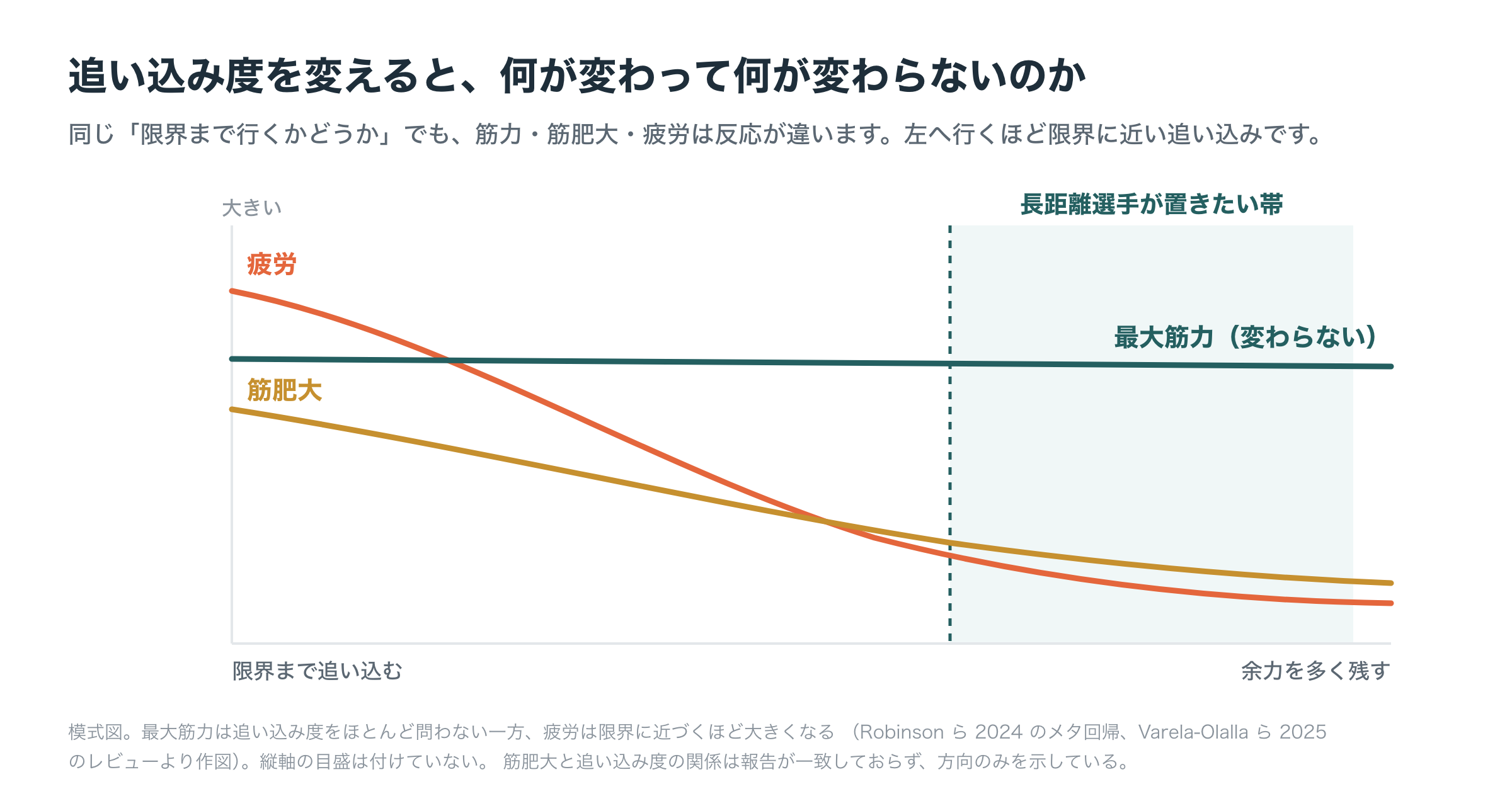 追い込み度と、最大筋力・筋肥大・疲労の関係。最大筋力は追い込み度をほとんど問わないが、疲労は限界に近づくほど大きくなる