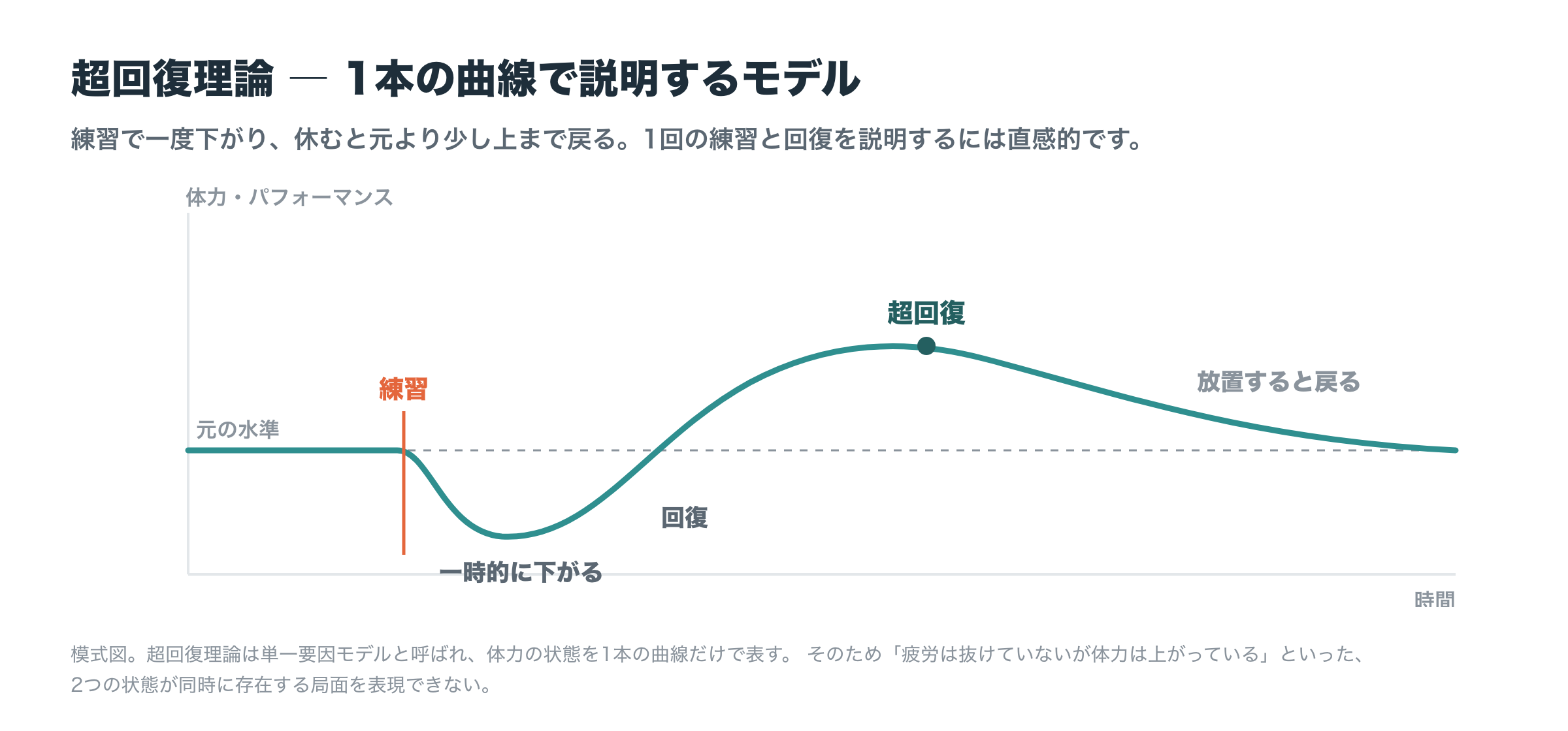 超回復理論の模式図。練習で一時的に低下し、回復して元の水準を少し超え、放置すると戻る。1本の曲線だけで体力を表す単一要因モデル